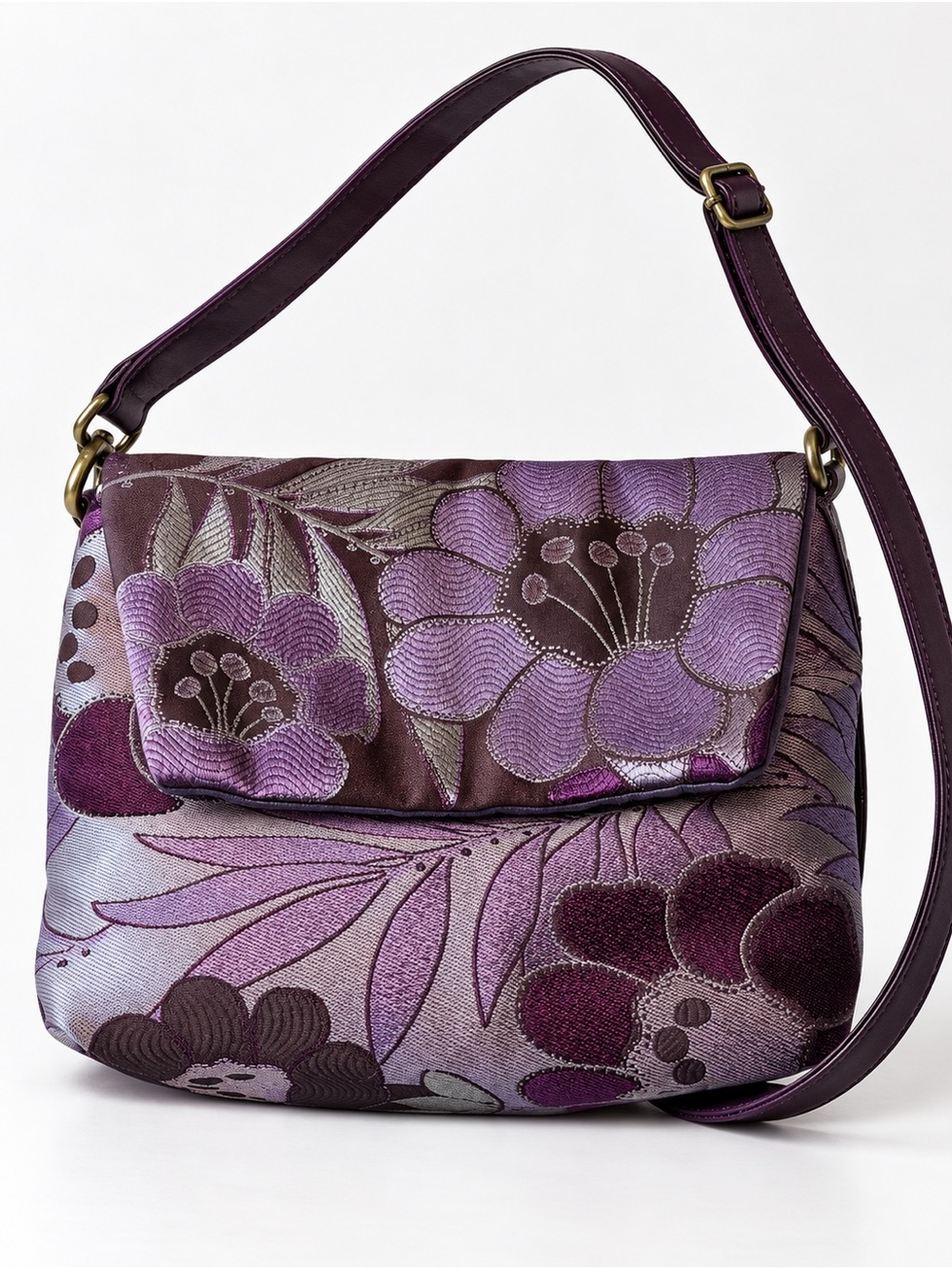 Floral Embroidered Purple Shoulder Bag